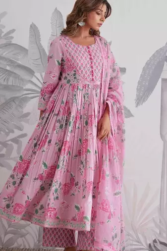 Pink Cotton Anarkali Suit Set