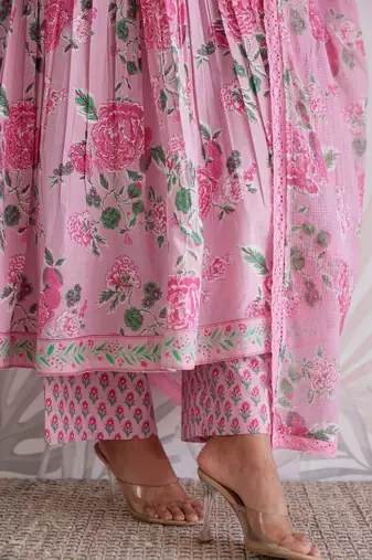 Pink Cotton Anarkali Suit Set