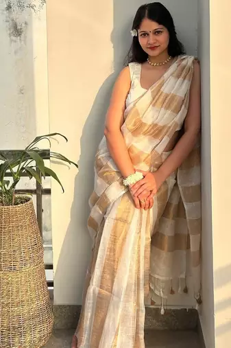 Ivory & gold stripe linen saree with blouse piece