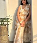 Ivory & gold stripe linen saree with blouse piece