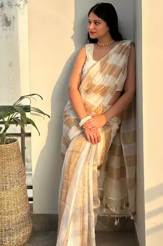 Ivory & gold stripe linen saree with blouse piece