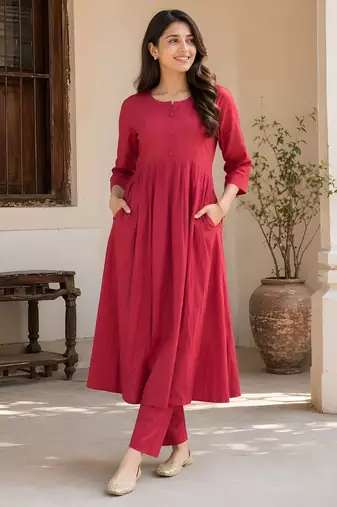 Women's Long Flared Anarkali Shape Waist Kurta Pant Set