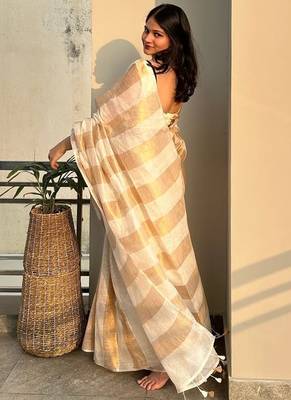 Ivory & gold stripe linen saree with blouse piece 4
