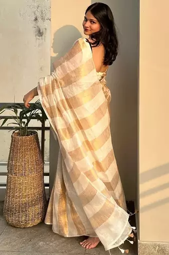 Ivory & gold stripe linen saree with blouse piece