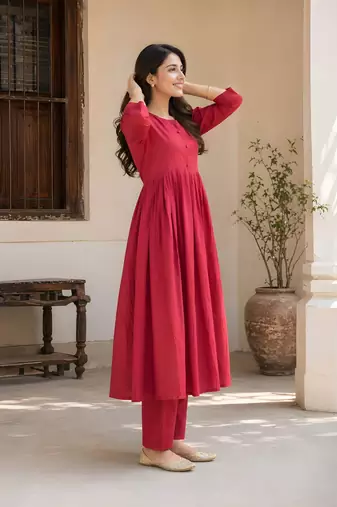 Women's Long Flared Anarkali Shape Waist Kurta Pant Set