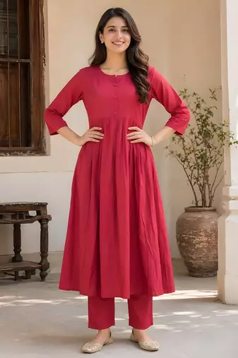 Women's Long Flared Anarkali Shape Waist Kurta Pant Set