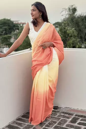 Orange & yellow tie & dye mul cotton saree with blouse piece