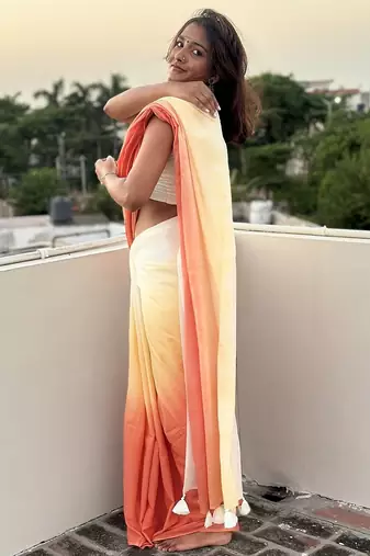Orange & yellow tie & dye mul cotton saree with blouse piece
