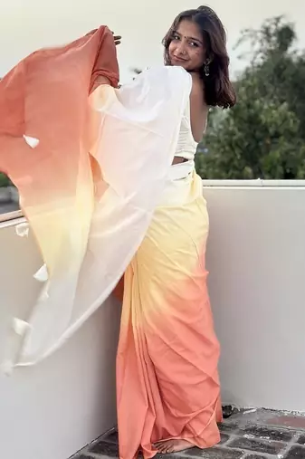 Orange & yellow tie & dye mul cotton saree with blouse piece