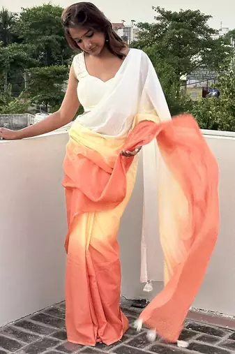 Orange & yellow tie & dye mul cotton saree with blouse piece
