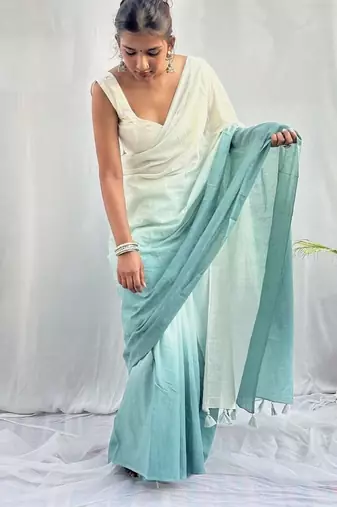 White & sea blue tie & dye mul cotton saree with blouse piece