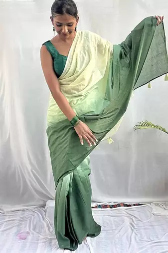 Green tie & dye mul cotton saree with blouse piece