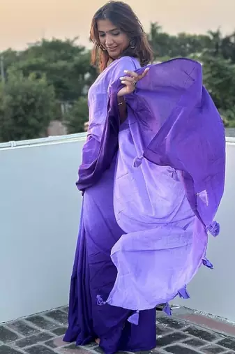 Purple tie & dye mul cotton saree with blouse piece