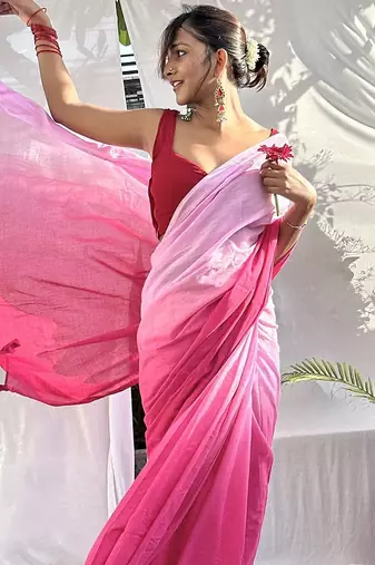 Pink tie & dye mul cotton saree with blouse piece