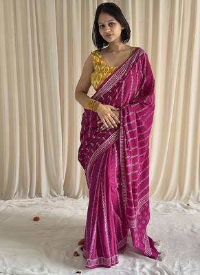 Pink hand block printed mulmul cotton saree with blouse piece 1