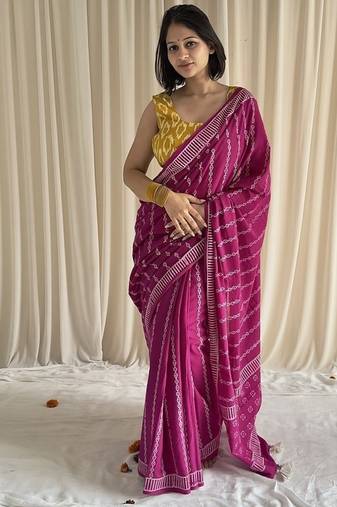 Pink hand block printed mulmul cotton saree with blouse piece