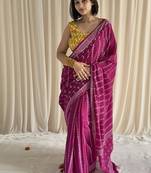 Pink hand block printed mulmul cotton saree with blouse piece