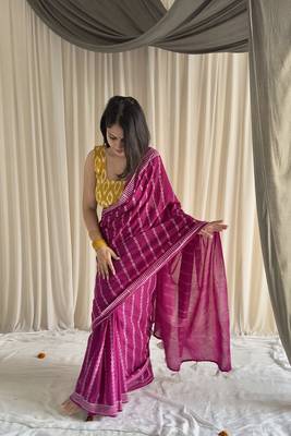 Pink hand block printed mulmul cotton saree with blouse piece 2