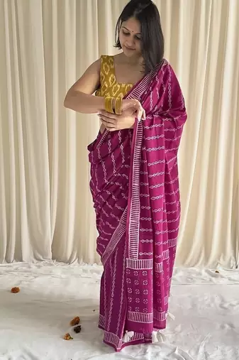 Pink hand block printed mulmul cotton saree with blouse piece