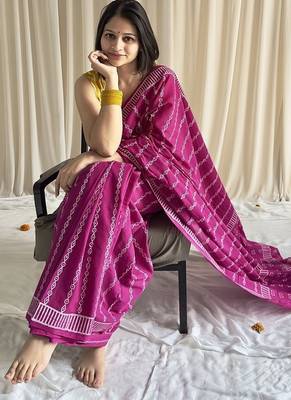 Pink hand block printed mulmul cotton saree with blouse piece 4