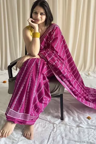 Pink hand block printed mulmul cotton saree with blouse piece