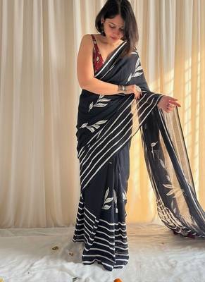 Black hand block printed mulmul cotton saree with blouse piece 1