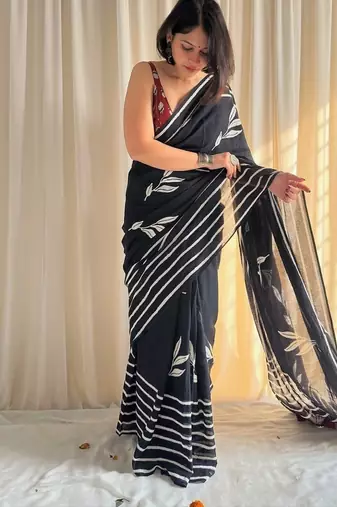 Black hand block printed mulmul cotton saree with blouse piece