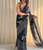 Black hand block printed mulmul cotton saree with blouse piece