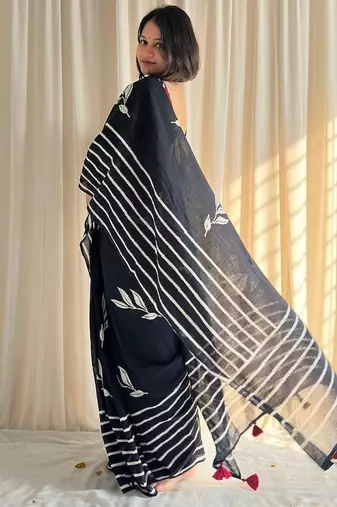 Black hand block printed mulmul cotton saree with blouse piece