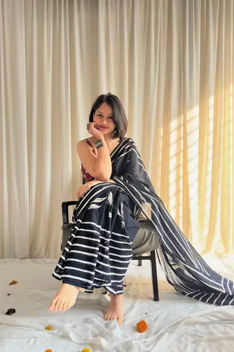 Black hand block printed mulmul cotton saree with blouse piece
