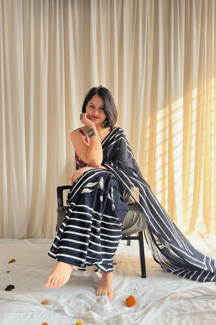 Black hand block printed mulmul cotton saree with blouse piece