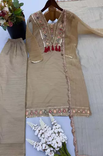 Beige faux georgette embroidered salwar kameez