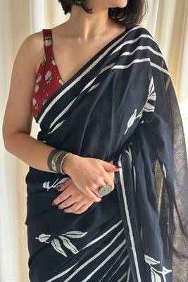 Black hand block printed mulmul cotton saree with blouse piece 4