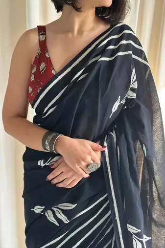 Black hand block printed mulmul cotton saree with blouse piece