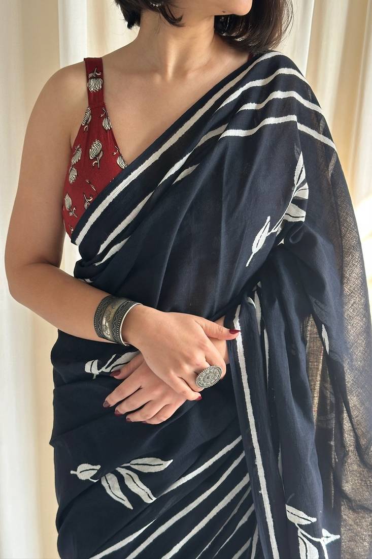 Black hand block printed mulmul cotton saree with blouse piece