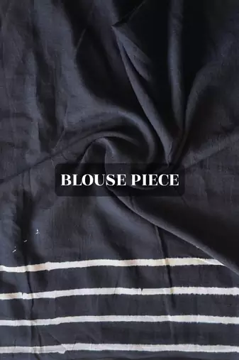 Black hand block printed mulmul cotton saree with blouse piece