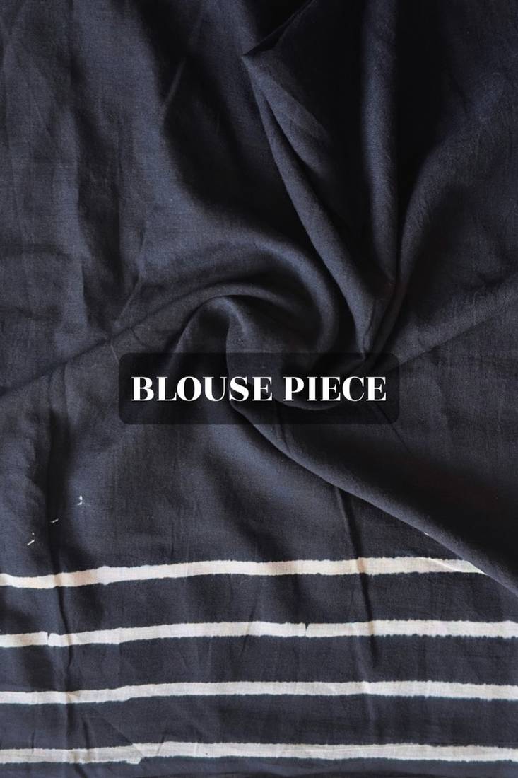 Black hand block printed mulmul cotton saree with blouse piece