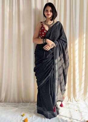 Black hand block printed mulmul cotton saree with blouse piece 1