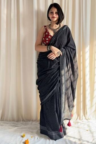 Black hand block printed mulmul cotton saree with blouse piece