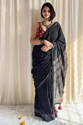 Black hand block printed mulmul cotton saree with blouse piece
