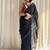 Black hand block printed mulmul cotton saree with blouse piece