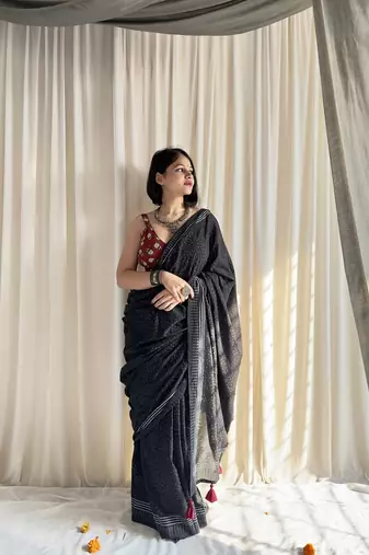 Black hand block printed mulmul cotton saree with blouse piece