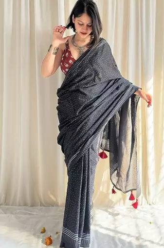Black hand block printed mulmul cotton saree with blouse piece