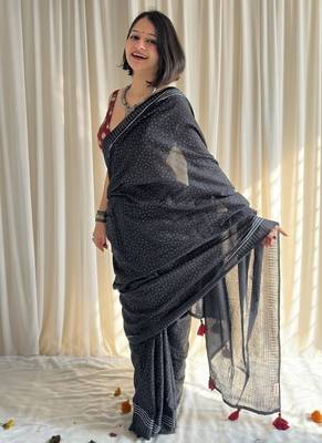 Black hand block printed mulmul cotton saree with blouse piece 4