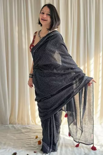 Black hand block printed mulmul cotton saree with blouse piece