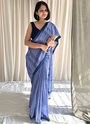 Cove blue hand block printed mulmul cotton saree with blouse piece 1