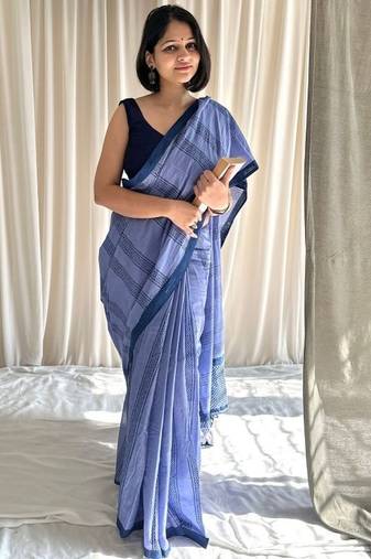 Cove blue hand block printed mulmul cotton saree with blouse piece