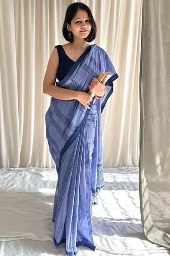 Cove blue hand block printed mulmul cotton saree with blouse piece