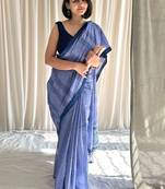 Cove blue hand block printed mulmul cotton saree with blouse piece