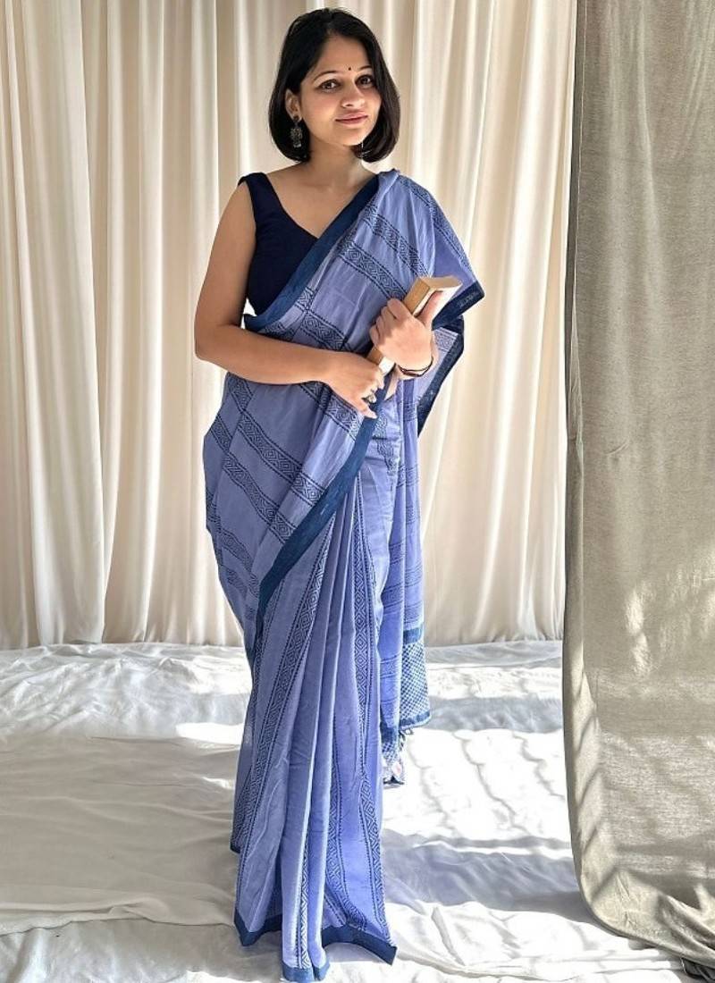 Cove blue hand block printed mulmul cotton saree with blouse piece